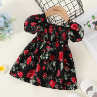 Baby Girl Pure Cotton Allover Floral Printed Square Neck Short Puff Sleeve Dress  Black