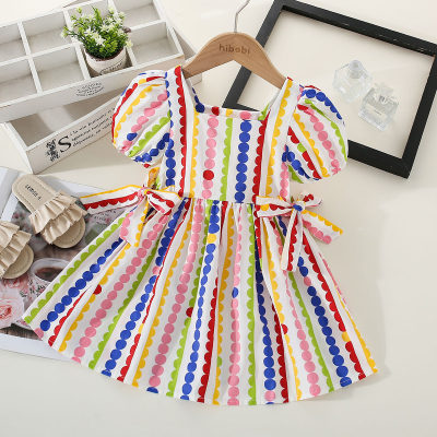 Toddler Girl Pure Cotton Color-block Polka Dotted Bowknot Decor Short Puff Sleeve Dress