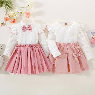 Brother and Sister Solid Color Ribbed Bowknot Decor Long Fly Sleeve Top & Matching Pleated Skirt