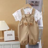 Summer short-sleeved suits for boys and girls, new style, infant suspenders, two-piece suits, Korean style, going out clothes  Light brown