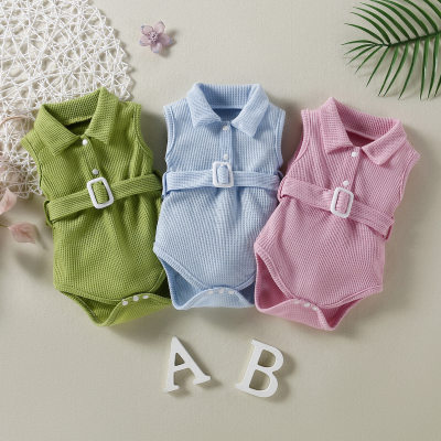 Cross-border infant and toddler spring and summer children's wear adjustable belt buckle waffle sleeveless rompers