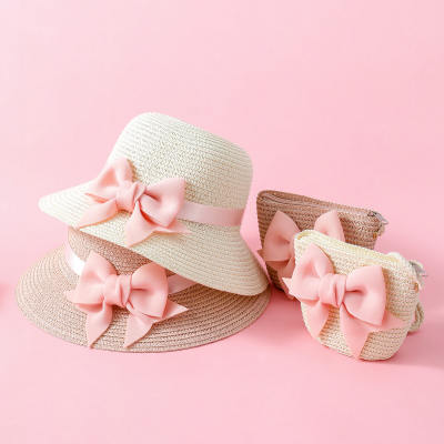 قبعة من القش مزينة بفيونكة من الكتان للفتيات وحقيبة صغيرة متطابقة
