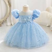 Novo vestido anfitrião infantil flor menina vestido de noite manga bufante vestido de princesa saia de tule  Azul