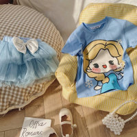 Conjunto de camiseta para niñas, conjunto de dos piezas, ropa de verano 2024 para niños y bebés, elegantes tops de manga corta de dibujos animados + falda de princesa de malla  Azul