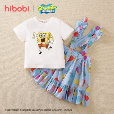 hibobi x SpongeBob Conjunto de vestido de hongo de dibujos animados con estampado informal para niñas pequeñas