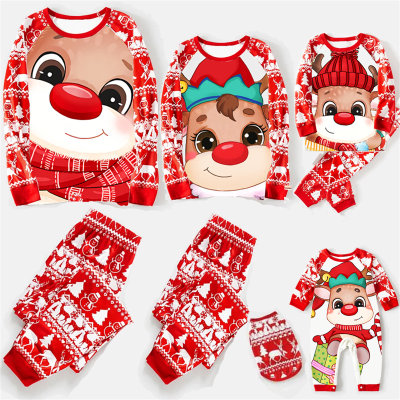 Family Matching Christmas Cartoon Printed Patchwork Long Sleeve Top & Pants Pajama Set