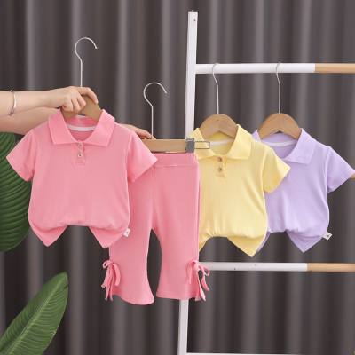 New summer style comfortable and fashionable lapel short-sleeved tie nine-point pants suit for small and medium-sized children girls summer suit