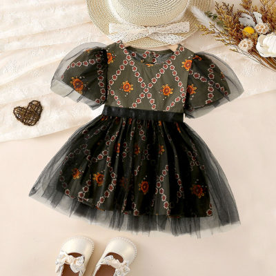 Vestido de manga corta de patchwork de malla con estampado floral de algodón puro para niña pequeña