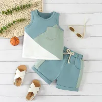 Außenhandel Kinderbekleidung 2024 neuer Stil Säuglingsjungen Sommer ärmellose Spleißoberteile lässige Shorts Strand kleiner Anzug  Blau