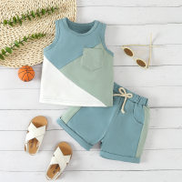 Novo estilo de roupas infantis para bebês e meninos verão sem mangas costura tops shorts casuais praia pequeno terno  Azul