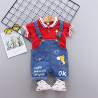 Kinder-Overall-Anzug für 0–4 Jahre, Jungen-POLO-Shirt mit Cartoon-Hirschmuster, Sommer-Kinder-Kurzarm-Cross-Border  rot