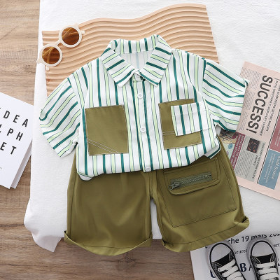 Summer new set of children's boys' lapel shirts children's striped short-sleeved casual shirts two-piece wholesale set