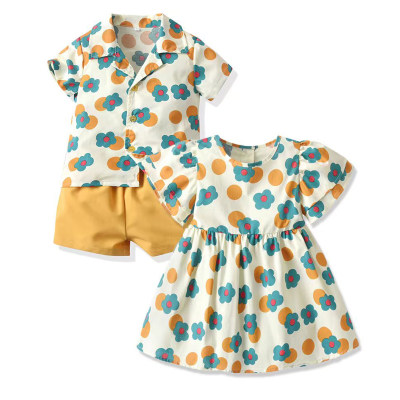 Floral Print Short Sleeve Dress & Blouse and Shorts Suit for Brother and Sister