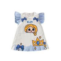 Vestido tipo camiseta para niñas, novedad de verano 2023, estilo Elsa Snowy Princess, vestido de bebé estampado con mangas voladoras, estilo occidental  Blanco