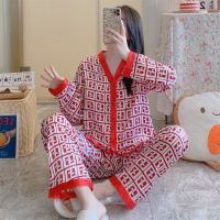Women's 2 piece Ice Silk Print Pattern Pajama Set  Red