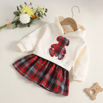 Baby Girl Bear Pattern Plaid Patchwork Hooded Long Sleeve Dress