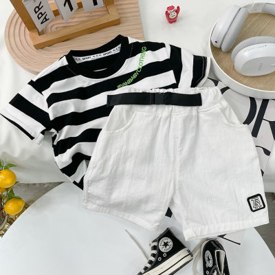 Children's new summer suit striped short-sleeved T boys' letter embroidered round neck top casual shorts two-piece set
