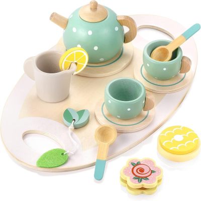 Casa infantil de simulação de madeira, chá da tarde, vendas de bolos de sobremesa, bules para fazer chá, xícaras, jogos de chá, brinquedos de madeira