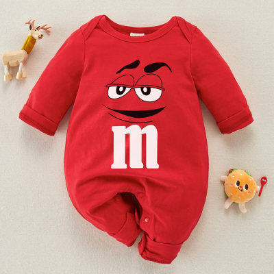 Baby Cartoon Wacky Face Pattern Solid Color Long Sleeve Jumpsuit