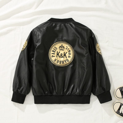 Kid Boy Solid Letter Embroidered Leather Jacket