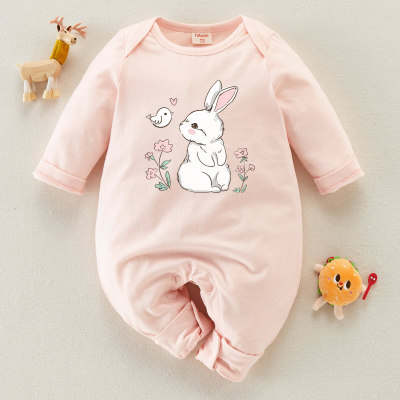 Baby Girl Floral Rabbit and Bird Pattern Long-sleeved Long-leg Romper
