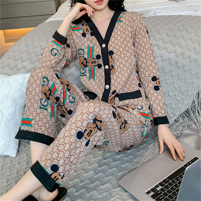 Conjunto de pijama retrô feminino de 2 peças de seda gelada fina com estampa Mickey