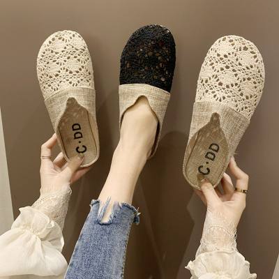 Round toe closed toe linen half slippers for women summer outdoor flat sandals