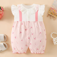 Baby Girl Pure Cotton Lapel Spliced Floral Patchwork Fly Sleeve Boxer Romper  Pink
