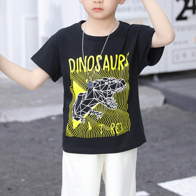 T-shirt manica corta in puro cotone per bambino con stampa lettere e dinosauri