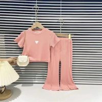 Girls suit summer new Korean version Modal high elastic love printed short-sleeved slightly slit trousers two-piece set  Pink