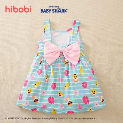hibobi x Baby Shark Vestido de decoración con nudo de lazo de colores con estampado informal para niñas pequeñas