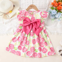 Toddler Girl Allover Floral Printed Bowknot Decor Short Sleeve Dress  Hot Pink