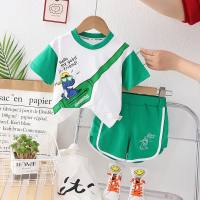 2023 New Boys Summer Clothes Children's Clothes for Small and Medium-sized Children Baby Cartoon Printed Round Neck Short Sleeve Shorts Suit Trendy Children's Clothes  Green