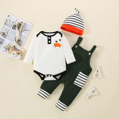 3-piece Baby Boy Color-block Elephant Pattern Long Sleeve Romper & Striped Patchwork Dungarees & Striped Infant Hat