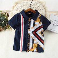 Kid Boy Baroque Print Shirt  Navy Blue