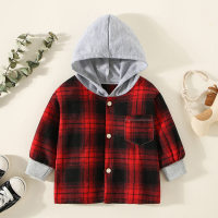 Toddler Boy Plaid Patchwork Hooded Button-up Jacket  Red