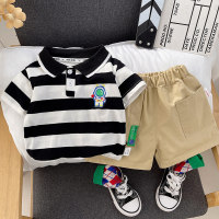 Dropshipping boys' casual pants, shorts, summer clothes, children's lapel striped POLO shirts, short-sleeved children's clothing two-piece set  Black
