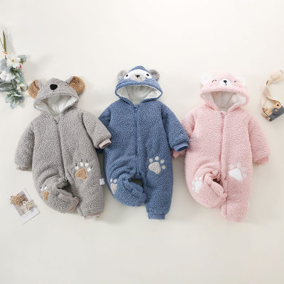 Baby Solid Color Animal Sytle Hooded Fleece-lined Long-sleeved Long-leg Romper