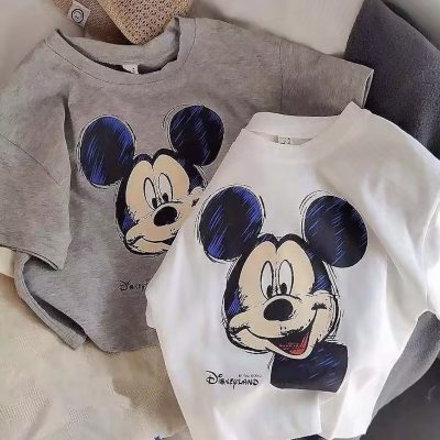 Camiseta de algodón puro para niños, camiseta de manga corta con dibujos animados de bebé, Mickey, nuevo estilo, verano 2024