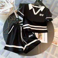 Girls Sports Suit 2023 Summer New Medium and Large Children Korean Style Girls Letter Short Sleeve Shorts Two-piece Set  Black