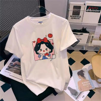 Camiseta superior de manga corta informal, holgada, sencilla, con estampado de dibujos animados  Blanco