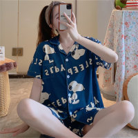 Conjunto de pijama de 2 peças com estampa de cachorro fino para menina adolescente  Azul