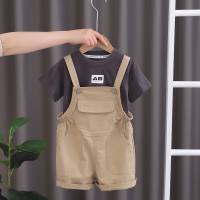 Summer new style boy's overalls suit children's casual fashion solid color short-sleeved two-piece baby comfortable clothes  Gray