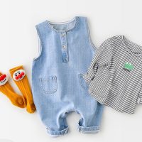 Baby overalls one-piece sleeveless trousers men's and women's fashionable children's trousers versatile  Light Blue