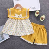 Summer new style girls lapel Polo shirt short-sleeved suit baby girl casual denim shorts two-piece trendy set  Yellow