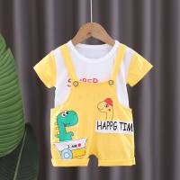 Summer new boys round neck solid color casual short-sleeved denim bear overalls baby two-piece set  Yellow