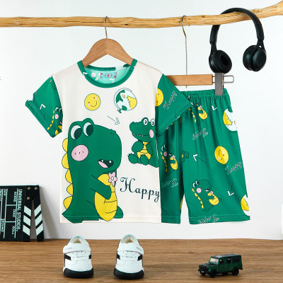 Niedlicher und lustiger Dinosaurier-Kinderpyjama für den Sommer, kurzärmelig, Cartoon, dünne Jungen-Teenager-Heimkleidung