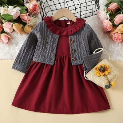Vestido infantil de 2 peças de cor sólida com babados e lapela sem mangas e cardigã de malha com botões