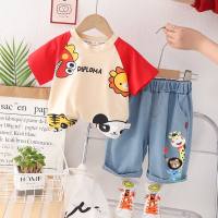 Boys and children's clothing summer clothing 2023 new cartoon cute printed round neck short-sleeved shorts suit children's clothing trendy children  Red