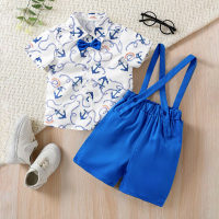 2pcs Set Toddler Boy Anchor Printed Short Sleeve Shirt And Overalls Shorts Set  Blue